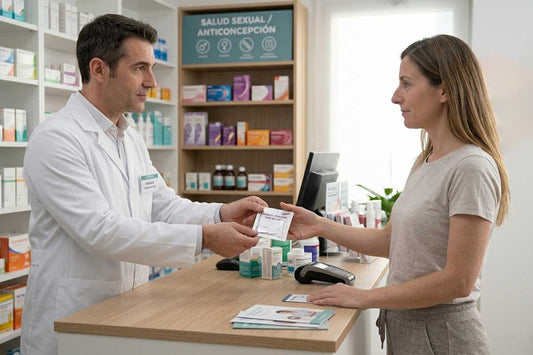 Persona comprando condón femenino y recibiendo asesoría para una elección segura y de calidad