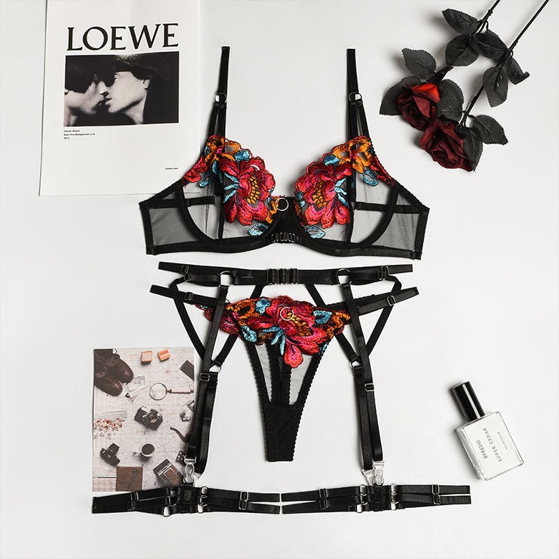 Conjunto de Lencería Erótica de encaje con bordado floral de colores vivos y Liguero | Gould Lace & Fire Lingerie - DiiP Secret Sex Shop Ecuador