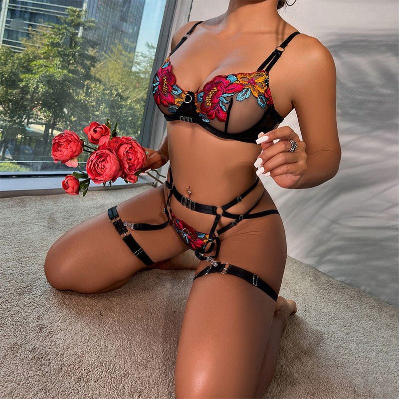 Conjunto de Lencería Erótica de encaje con bordado floral de colores vivos y Liguero | Gould Lace & Fire Lingerie - DiiP Secret Sex Shop Ecuador